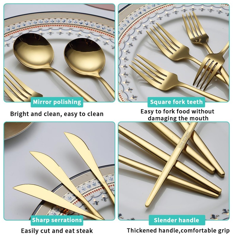 Evanda Gold Silverware Set 64 Piece Service for 16, Titanium