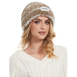 Knuffnee Women's Winter Slouchy Beanie Hat Warm Plush Winter Hat Soft Fluffy Knitted Hat, khaki-white stripes