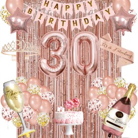 30th Birthday Decorations for Her,Happy 30th Birthday for Women,Banner,Backdrop,Crown, Sash,Goblet Balloons, Champagne and Star Balloons,Rose Gold 30 Birthday Party Decoration set