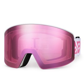 EXP VISION Ski/Snowboard Goggles, Magnetic Lens Snow Goggles with Anti-Fog & UV400 Protection for Men & Women (White Frame-Cherry Pink)