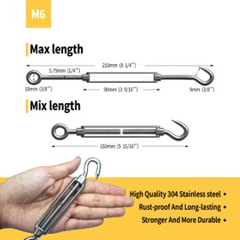 RiaYer 5 Pack Stainless Steel M6 Hook and Eye Turnbuckle, Heavy Duty Wire Rope Tensioner, Adjustable Hardware Kit for DIY String Light and Picture Hanging, Shade Sail, Cable Tightening