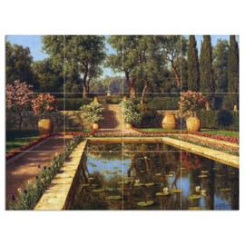 Tile Mural France Nice Landscape Garden Flowers Pond Fountain by Ivan Choultse Kitchen Bathroom Shower Wall Backsplash Splashback 4x3 4.25" Ceramic, Glossy