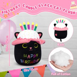 KOPHINYE Birthday Cat Plush, 8in Black Cat Plush with Birthday Hats and Candles Cute Plush Toy, Cartoon Cat Stuffed Animal Kawaii Pillow Toy for Boys, Girls, Girlfriend Birthday Gift