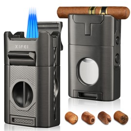 XIFEI 6-in-1 Cigar Lighter, Desktop Torch Lighter with Straight Cut V-Cut Cigar Cutter, Dual Cigar Punch, Cigar Draw Enhancer, Cigar Holder, 4 Jet Flame Refillable Butane Lighter Gift for Men (Gray)