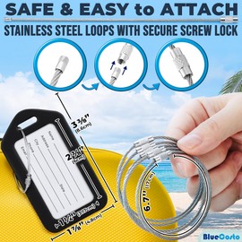 BlueCosto – Gepäckanhänger – Schwarz, 50er-Pack – Reisekofferanhänger mit Namens-ID-Karte und Hochleistungs-Metalldrahtschlaufen