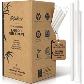 EcoPreps Biodegradable Bamboo Fiber Straws, Compostable Individually Wrapped Straws | 300 Count, 100% Plastic-Free, Eco-Friendly Drinking Straws | 7.8'' Plant Fiber Disposable Straws, White Paper Wrap