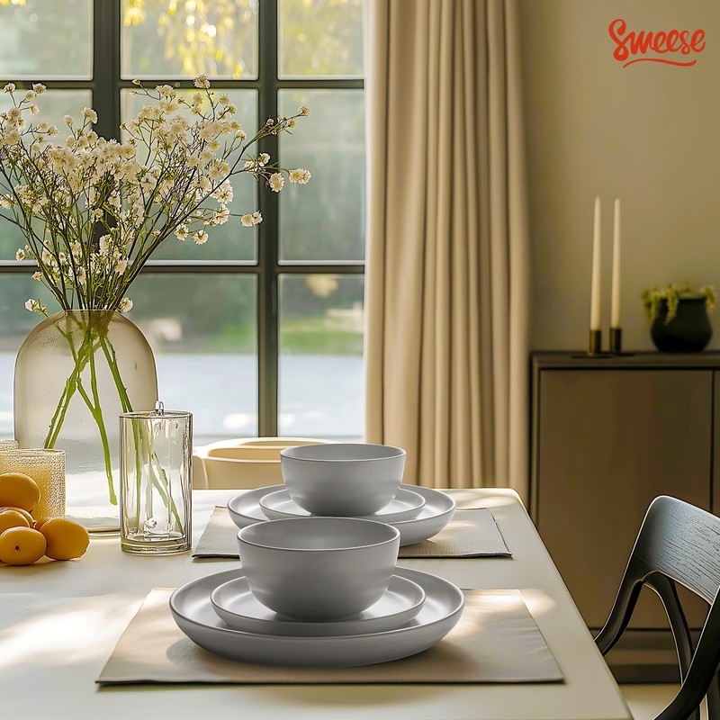 Sweese Dinnerware Sets,12 Pieces Porcelain Round Plates and Bowls Sets,