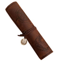 BetterJonny Leather Pencil Case, Vintage Pencil Case, Retro Pencil Case, Roll Pencil Case, Pirate Look Pencil Case with Printed Treasure Map for Men and Women, Brown A, Mat., Vintage Pirate Look