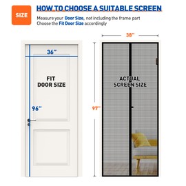 MAGZO Magnetic Screen Door Fit Door Size 36 x 96 Inch, Screen Size 38" x 97" Strong Magnet Door Mesh with Reinforced Hook & Loop for Patio Door, Front Door, Doorway, Black