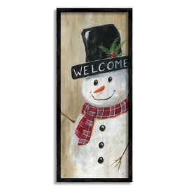 Stupell Industries Welcome Greeting Rustic Winter Snowman Festive Holly Hat, Designed by Nan Black Framed Wall Art, 10 x 24, White