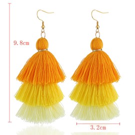 Bohemian Layered Earrings for Women Vintage Three-Layer Ombre Gradient Tassels Earrings Long Statement Tiered Fringe Drop Dangle Earring Elegant Beach Wedding Dangle Earring for Summer Seaside Festivals (Yellow)