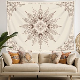 Floral Bohemian Tapestry, Flower Aesthetic Tapestry Indian Wall Hanging Boho Tapestries Mandala Room Decor Tapestry for Bedroom Living Room Dorm(H53 x W60 inches, Beige)