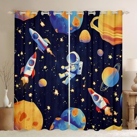 Homemissing Cosmonaut Spaceman Curtains (2 Panels,W46*L54) For Bedroom Kids Boys Teens Space Rocket Print Window Curtains Universe Planets 30%-50% Blackout Curtains Outer Space Window Treatments Decor