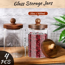Gerrii 4 Pcs 32 oz Glass Food Storage Jar with Acacia Wood Lids Airtight Sealed Clear Glass Canisters Air Tight Glass Container Jar for Coffee Beans Nuts Loose Leaf Tea Sugar Spice Candy Rice Pasta