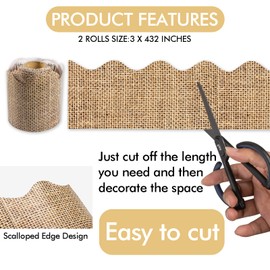 VABAMNA Burlap Bulletin Board Borders, Bulletin Board Decorations, 72Ft Burlap Scalloped Rolled Border Trim for Teacher School Supplies Back to School Classroom Decorations, 2 Rolls