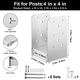 FMhotu 4"x 4" Post Base, 8Pcs Stainless Steel Adjustable Post Anchor Bracket (Internal 3.5 x 3.5), Adjustable Post Base for Pavilion Deck Porch Handrail Railing Support Decorative Anchor Plate