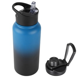 VQRRCKI 32 Oz Insulated Water Bottle with Straw Lid & Wide Mouth Lids, Stainless Steel Sports Water Bottles, Double Walled Vacuum, Leak Proof, Blue Black Gradient