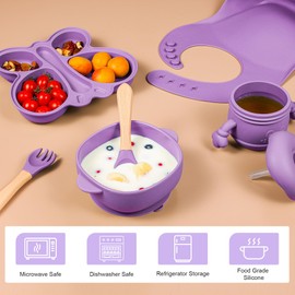MIICASA Silicone Baby Feeding Set, Baby Led Weaning Supplies, Silicone Suction Butterfly Plate, Bowl, Spoons, Fork and Waterproof Bib & Cloth Bib, Eating Utensils Baby Feeding Essentials (Purple)