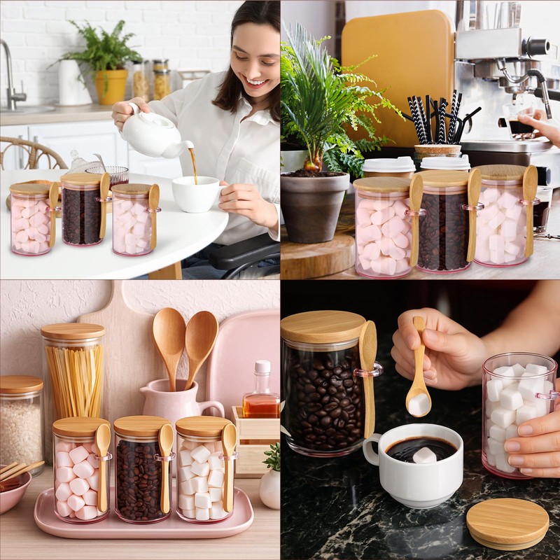 3 Set Pink Sugar Jars with Bamboo Lid and Spoon