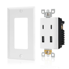 BAOMAIN 4.8A USB Charger Outlet with Wall Plate, Receptacle with 2 Type A & 2 Type C USB Charging Ports, Wall Mounted Charging Socket UL Listed, White BAO-006,USB Type A&C (1PCS)