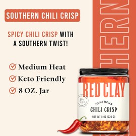 Red Clay Chili Crisp - Crunchy Garlic Chili Oil | Spicy Chili Crisp | Gluten Free Chili Crisp | 8oz Paleo Friendly Crisp | Shallot Chili Crisp | Crunchy Chili Oil | Fresno Chili Flakes