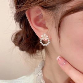 Yheakne Vintage Flower Pearl Stud Earrings Crystal Circle Dangle Earrings Pearl Pink Flower Earrings Full Rhinestone Hoop Earrings Jewellery for Women and Girls, Zinc