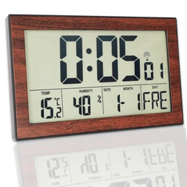 Digital Radio Wall Clock with Temperature Display and Humidity Display, Radio-Controlled Clock Digital with Backlight, Wood Grain Brown, 20.1 x 12.4 cm