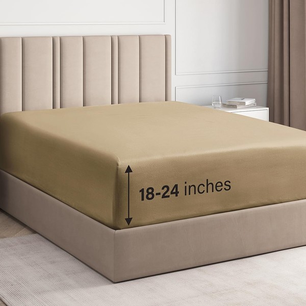 400 Thread Count Cotton - Single Fitted Sheet Only - Extra Deep Pocket - Full Size Fitted Sheet - Cotton Sheets Full - Crisp Cotton - Fitted Sheet - Fits Mattress Perfectly (Full, Beige)