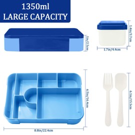 Zyluniy Children's Lunch Box with Compartments, 1330 ml Bento Box, Children, Leak-Proof Lunch Box, Snack Box, Bento Box, Lunch Box for Adults, Girls, Boys, School, Nursery, Dark Blue