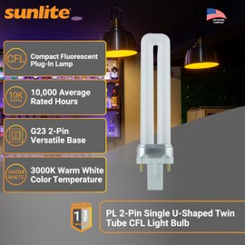 Sunlite PL9/SP30K Compact Fluorescent PL 2-Pin Single U-Shaped Twin Tube, 9 Watts, 120 Volts, 530 Lumens, 3000K Warm White, 2-Pin G23 Base, 10 Pack