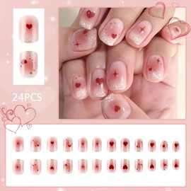 Heart Press on Nails Short Square Valentine's Fake Nails with Glitter French Red love Designs Star Heart Full Cover Stick on Nails Acrylic Valentine's Hearts Artificial Nails for Women 24Pcs