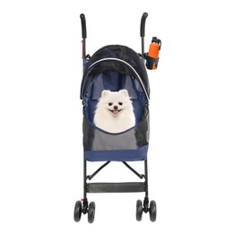 Pet Travel Stroller, Pet Stroller with 4 Wheels, Foldable Pet Travel Carrier, Large Wheels for Small & Medium-Sized Dogs Cats Up to 22 lbs, with Cup Holder & Rear Pocket, Easy Fold (Blue)