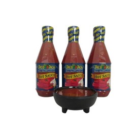 The Stocked Pantry Pico Pica Hot Sauce, 15.5oz (Pack of 3) Bundle with Carlisle 3 oz Melamine Molcajete Salsa Dish, Black, Red