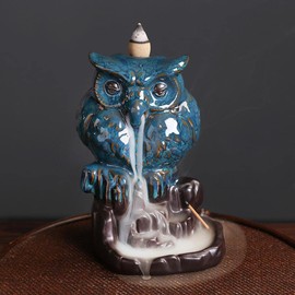 Ceramic Backflow Incense Burner Holder Owl Waterfall Incense Holder with 20 Backflow Incense Cones + 30 Incense Stick +1 Tweezer + 1 Mat