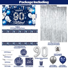 90th Birthday Decorations for Men and Women, 131 PCS Navy Blue Silver 90th Birthday Party Supplies Includes Blue Happy 90th Birthday Banner Balloons Napkins Cups Tablecloth Plates Foil Backdrops for