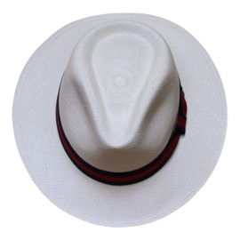Borges & Scott - Teardrop Fedora Panama Hat - Cream Straw with Blue and Red Band - 59cm