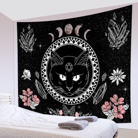 Black Cat Tapestry Gothic Witch Moon Cool Anime Tapestries Pink Flower Krystal Tarot Wall Hanging Tapestries Large Size for Bedroom Living Room 59x51 Inch