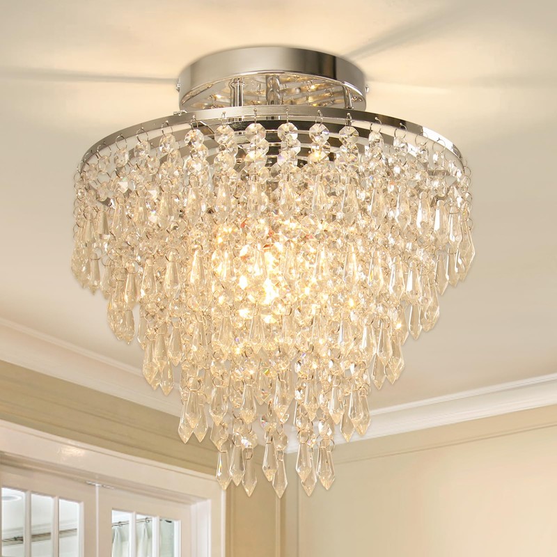 FRIXCHUR 11.8" Crystal Chandelier Chrome Flush Mount Ceiling Light 5