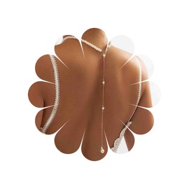 Iaceble Boho Pearl Choker Necklace Back Chain White Pearl Backdrop Necklace Long Pearl Bridal Back Necklace Vintage Pearl Chain Necklace Pearl Y Necklace Wedding Body Necklace Jewelry for Women