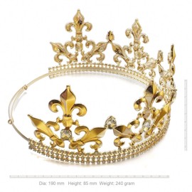Janefashions Full King Metal Crown Austrian Rhinestone Imperial Medieval Renaissance Fleur De Lis C188G (Gold Color)