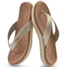 jiajiale Flip Flops Women's Fashion Orthopaedic Leather Fabric Lightweight Toe Separator Women Comfortable Yoga Footbed Bath Slippers Summer Beach Non-Slip Solid Rubber Sole, Beige White