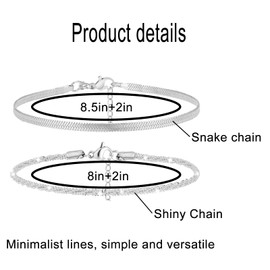 Nanafast Ankle Bracelets for Women, Cuban Link Chain/Snake Chain Anklet Bracelets Set for Women, Adjustable Shiny Silver/14k Gold Anklets for Women, Summer Beach Cute Anklets Jewelry Gift-2PCSSilver