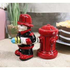 Ebros In The Line Of Duty Fire Fighter Fireman Carrying Hose By Red Fire Hydrant Ceramic Salt And Pepper Shakers Magnetic Set Figurines For Firemen Fighters Fire Engines Trucks 911 Civil Service