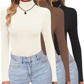 Ekouaer Women's 3 Pack Turtleneck Shirts Long Sleeve Mock Tops Lightweight Basic Layering Thermal Black/Brown/Beige Small