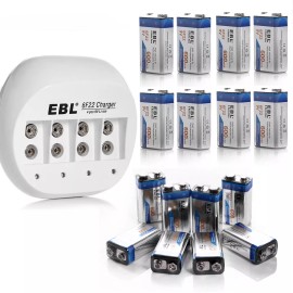 EBL 9V Battery 600mAh 9 Volt Li-ion Rechargeable Batteries 6F22 ,9V Charger Lot - 10x 9V Battery +Charger