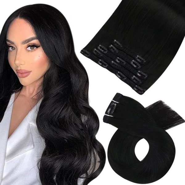 Moresoo Clip-In Real Hair Extensions, Black, Double Wefts, Human Hair Extensions, Straight Thick Hair, Jet Black #1, Remy Hair, Clip-in, Full Head, 5 Wefts, 70g, 35 cm