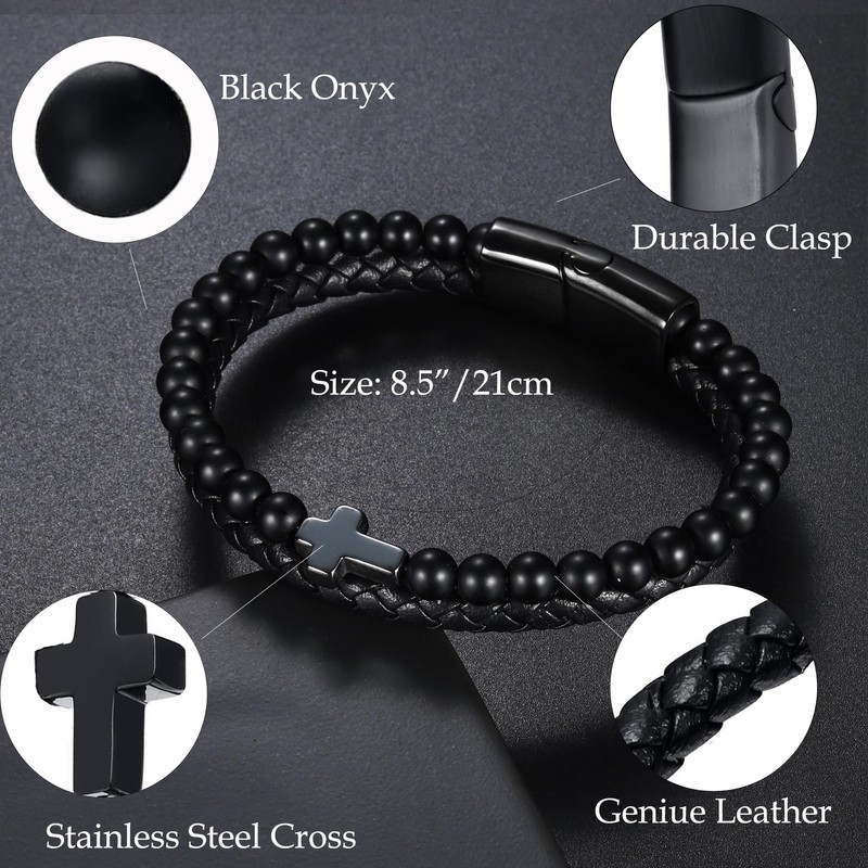 Udolfly Mens Double-Row Braided Leather Bracelets with Clasp Cross Bangle