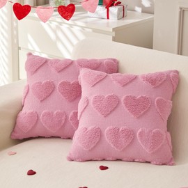 LOMCHEN Valentines Day Throw Pillow Covers 20x20 inch Set of 2 for Valentines Day Decorations Pink Soft Plush Faux Fur Wool Love Heart Pillow Covers for Sofa Living Room Couch Bed