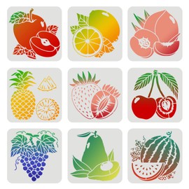 FINGERINSPIRE 9 Pcs Fruits Stencils 7.87x7.87inch Plastic Lemon Watermelon Stencils Peach Pear Cherry Strawberry Grape Reusable Fruit Theme Stencils for Painting on Wood Wall Floor