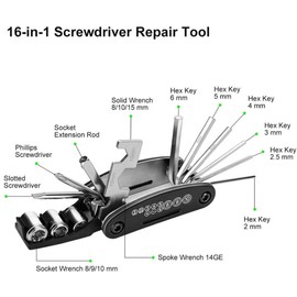 Bike Repair Tool Kit, 16-in-1 Multifunctional Repair Tool, Screwdriver Wrench Socket Extension Rod Allen Key Set, for Road Mountain Bikes
